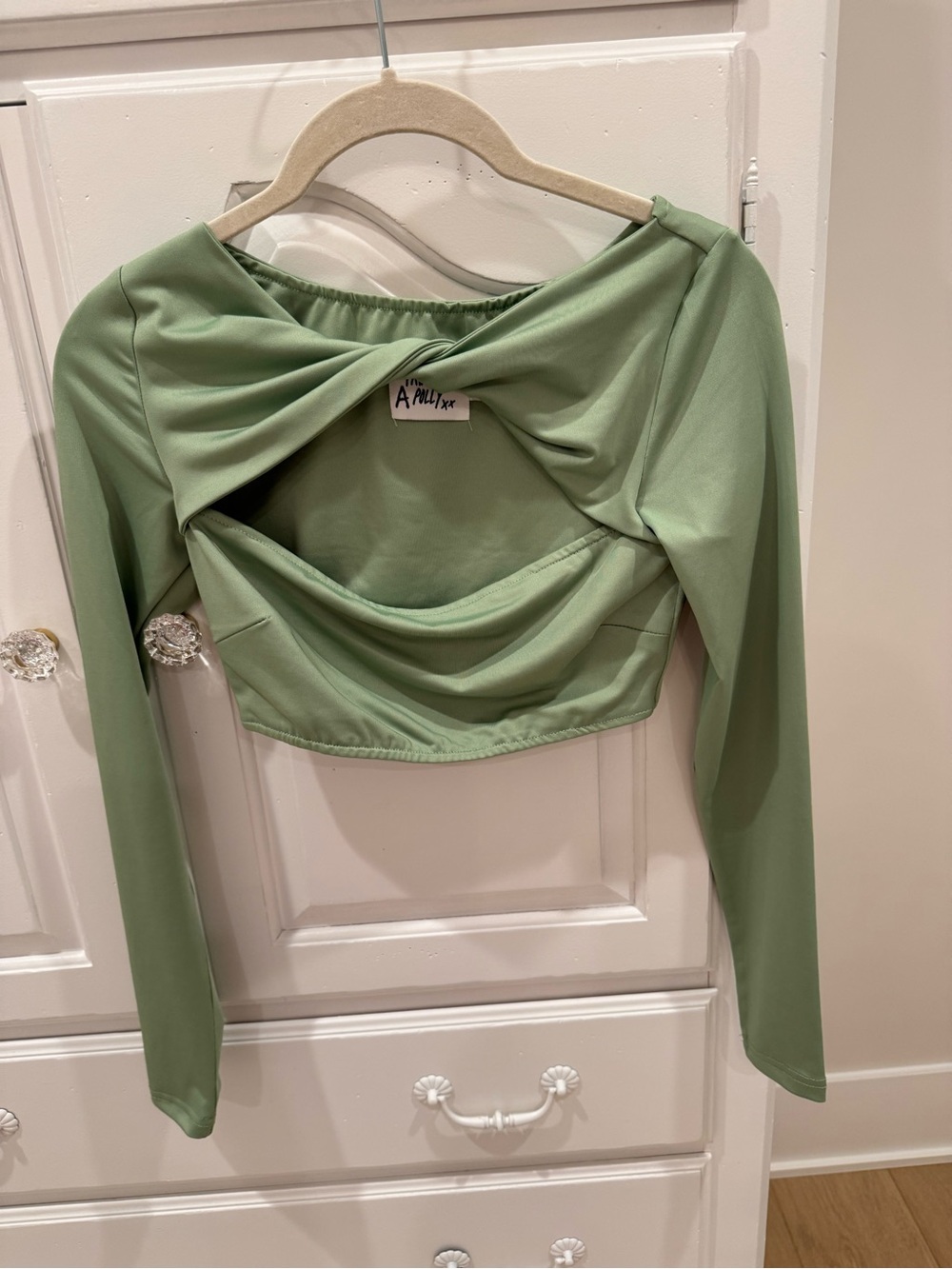 Princess Polly Sage Green Twist-Front Long Sleeve Crop Top